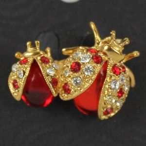 Charles Klein Ruby Red Double Ladybug Pin Brooch Rhinestone Sequined Gold Metal
